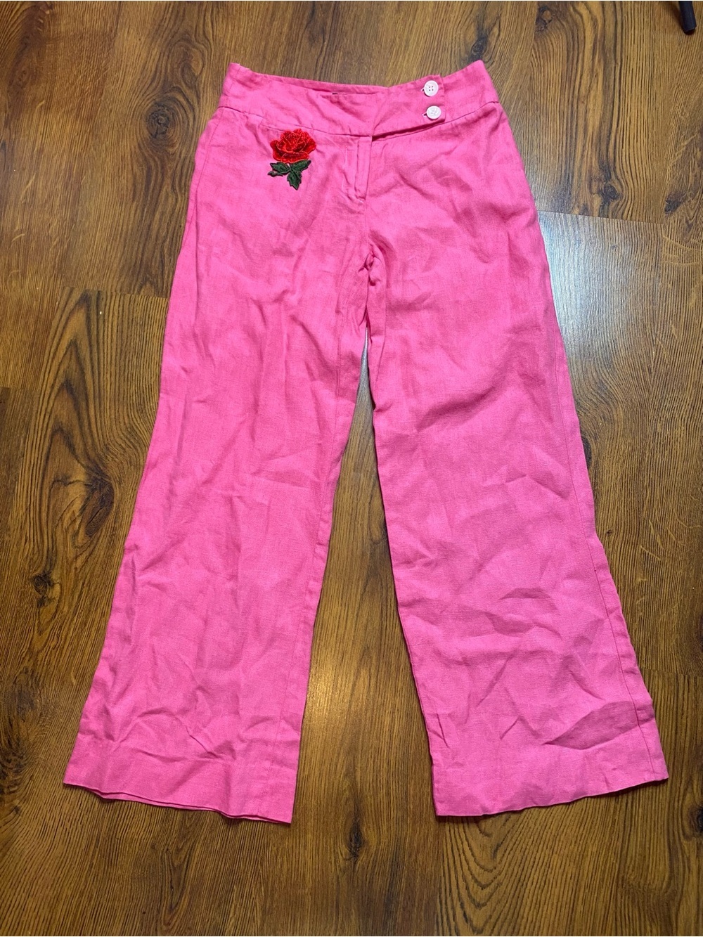 🎀🌷 100% Linen Le Chateau Pink Wide-Leg Pants with Rose Embroidery 🌷🎀